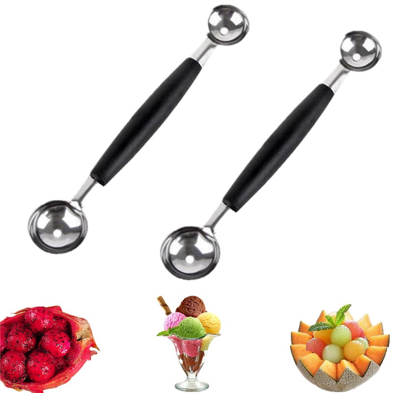 CaoXiong 2 Pack Double Ended Headed Fruit Icecream Ball Spoon,Stainless Steel Melon Baller,Smooth Round Melon Balls Melon Scoop for Watermelon/Ice Cream/Fruits/Sorbet/Meatball - Image 1
